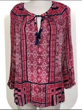 Lucky Brand Boho Paisley Print Peasant Blouse with Tassled Ties, EUC